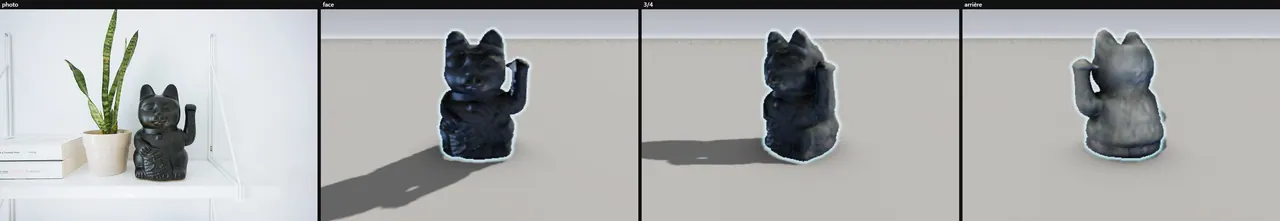Photo of a lucky cat figurine and the resulting 3D object seen from the front, three-quarter and back