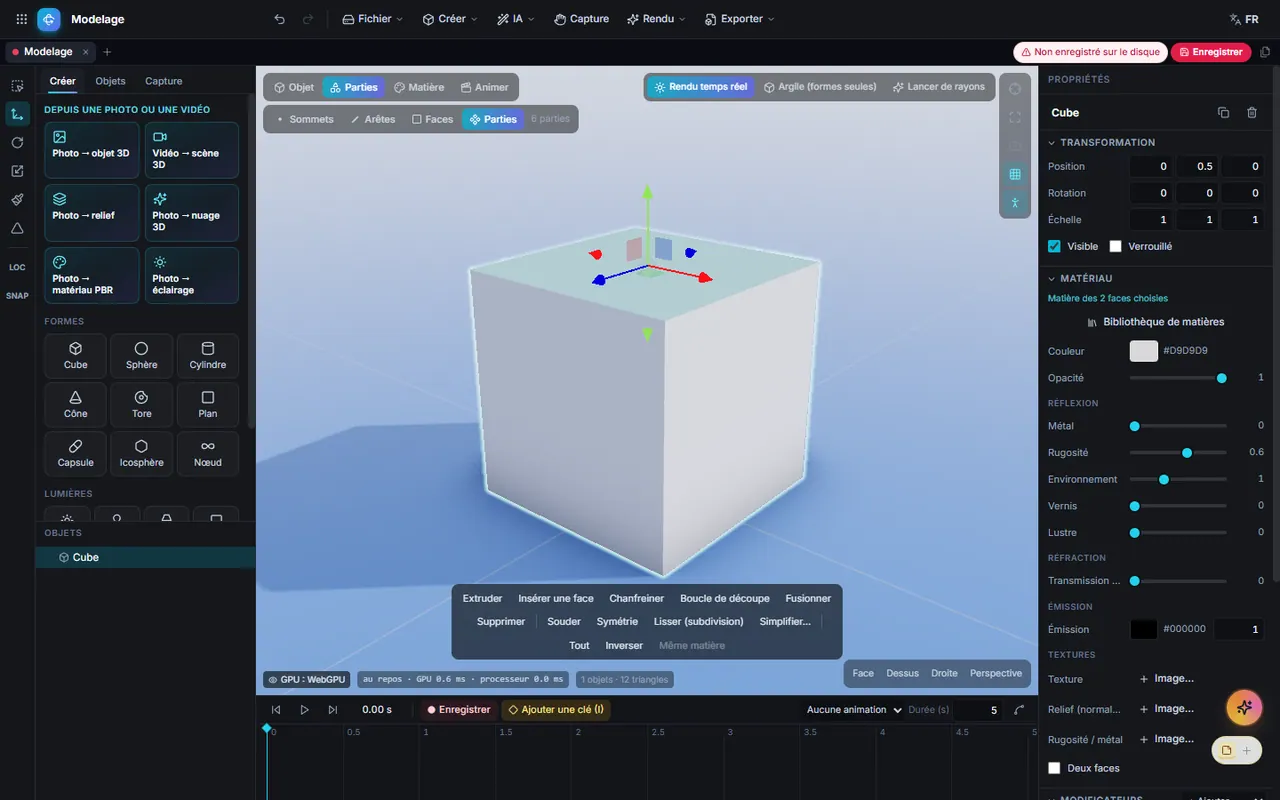 Cube in Parts mode with two faces selected and the modelling toolbar