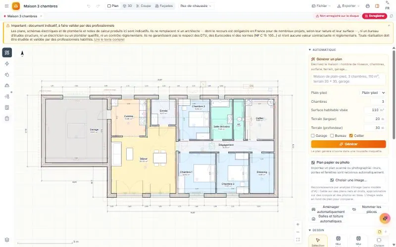 pulpBuild interface: trade rail on the left, dimensioned plan of a single-storey house in the middle, “Generate a plan” panel on the right (French interface)