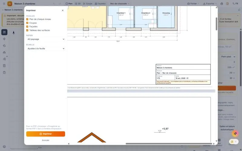 pulpBuild Print window: sheet selection, A3 landscape paper and scale, preview of the plan with its title block and indicative notice (French interface)