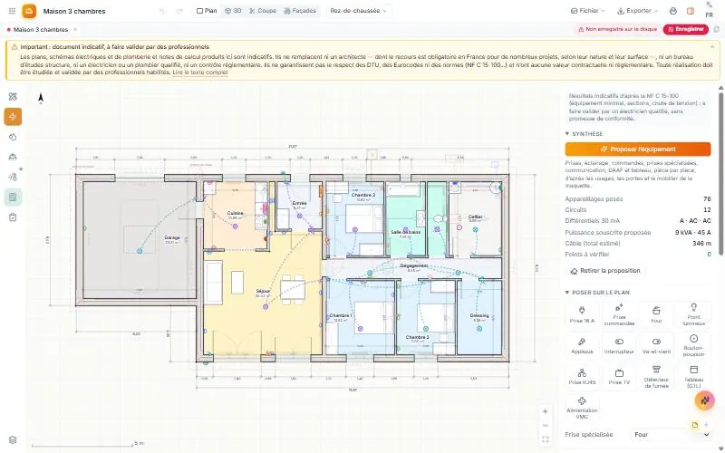 Electrical trade: devices and switch links on the plan, circuit summary and “Place on the plan” tools in the panel (French interface)
