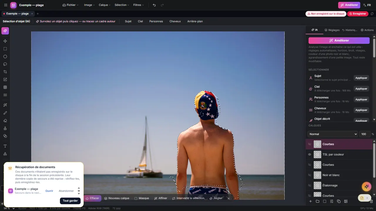 pulpPhoto AI panel with the subject of a beach photo selected automatically