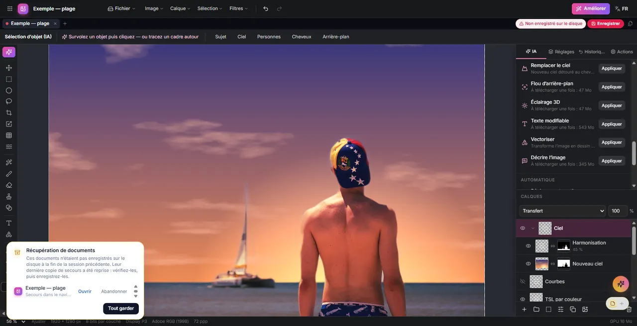 Beach photo with the sky replaced by a sunset, showing the Sky, Harmonisation and New sky layers