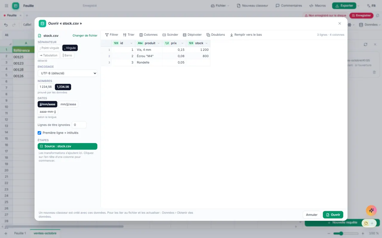 Preview of a CSV file: delimiter, encoding, number and date formats detected, typed columns (French interface)